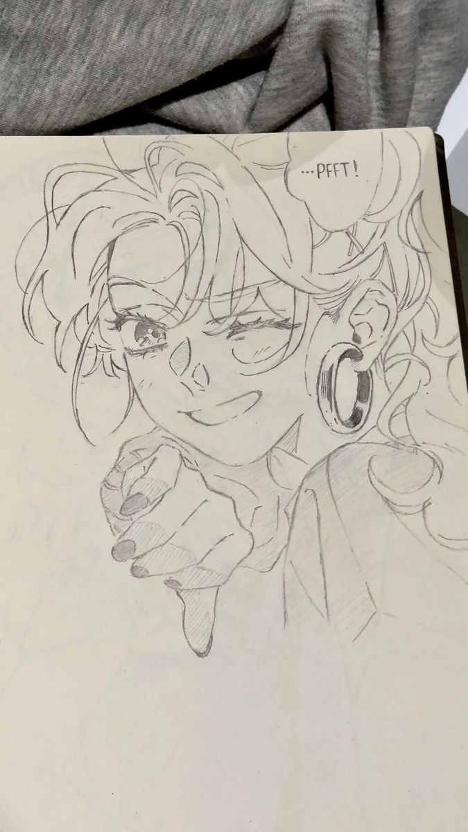Pencil drawing of pre-timeskip Aya winking and pointing