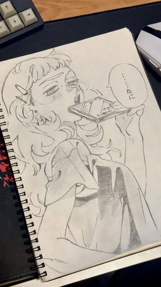 Pencil sketch of post-timeskip Aya holding a disc case to her mouth