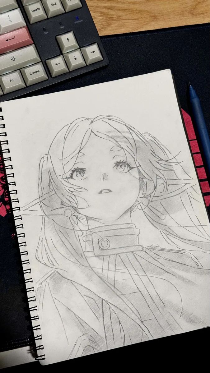 Pencil sketch of Frieren looking up, from the Frieren looking up trend