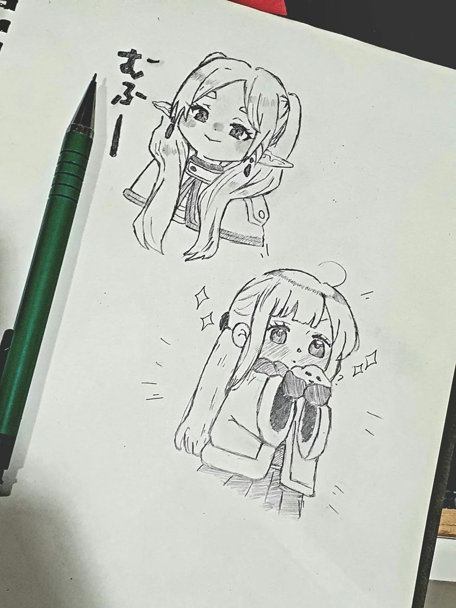 Chibi ink sketches of a smug Frieren and Fern happily eating