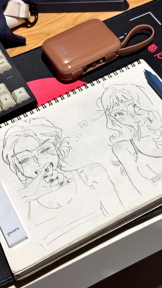 Pencil sketch of the green yuri extras from Sumiko, two girls side by side