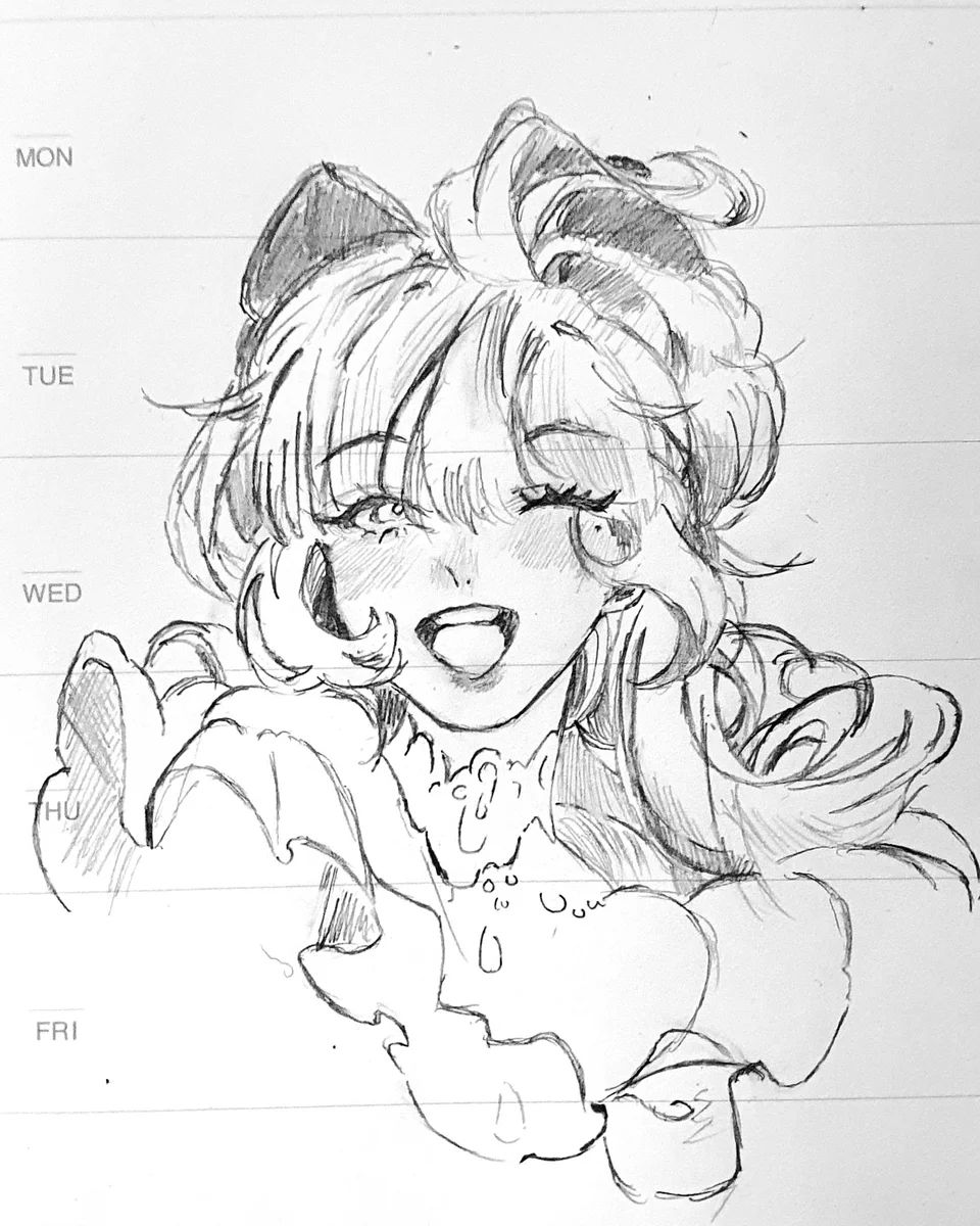 Pencil sketch of Kokomi laughing with one eye closed, drawn on a planner page