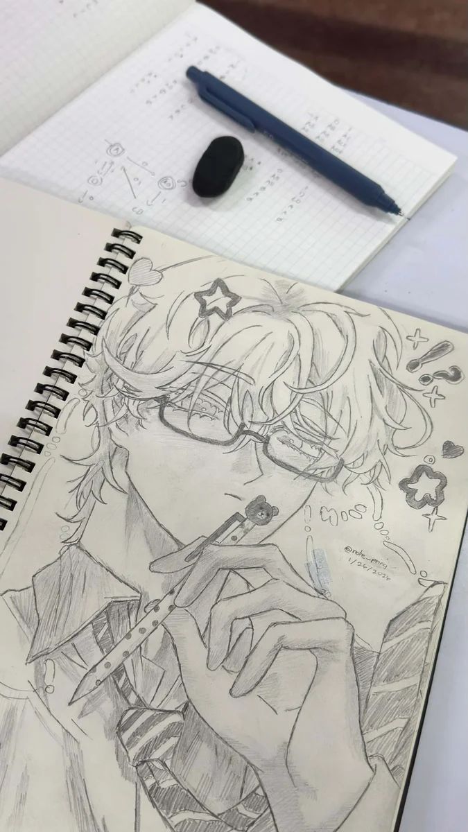 Pencil sketch of Luka in glasses, chewing on a pen