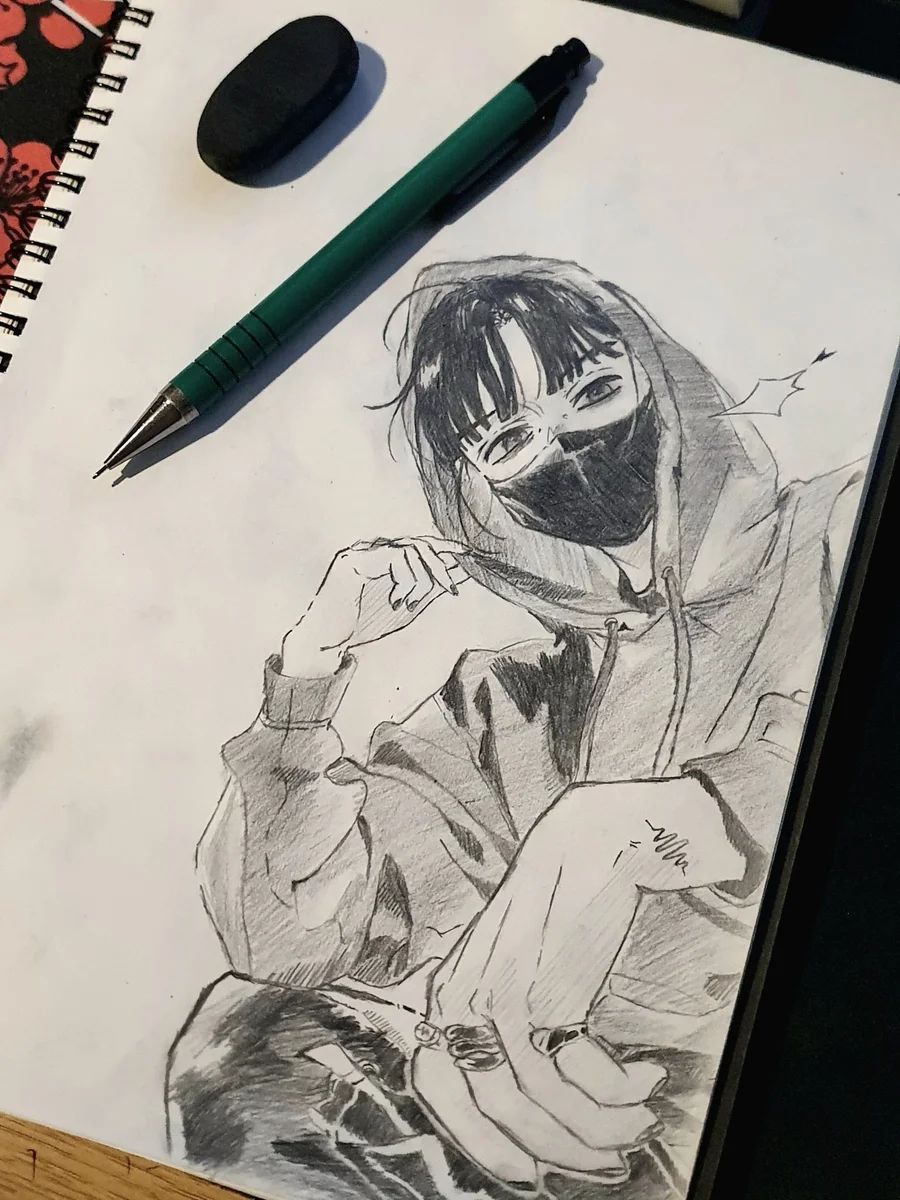 Pencil redraw of Mitsuki in a hoodie and face mask, from the drama CD mini manga cover